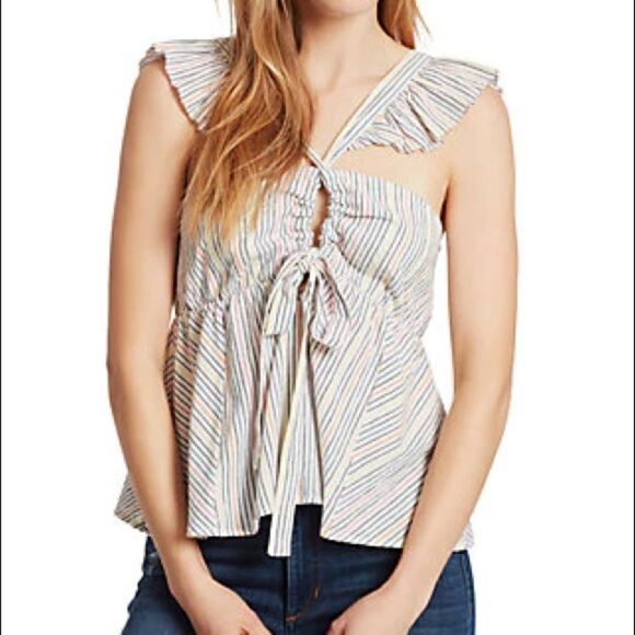 ELLA MOSS Striped Babydoll Top Square Neckline Flutter Sleeve Medium Large New - Picture 16 of 16